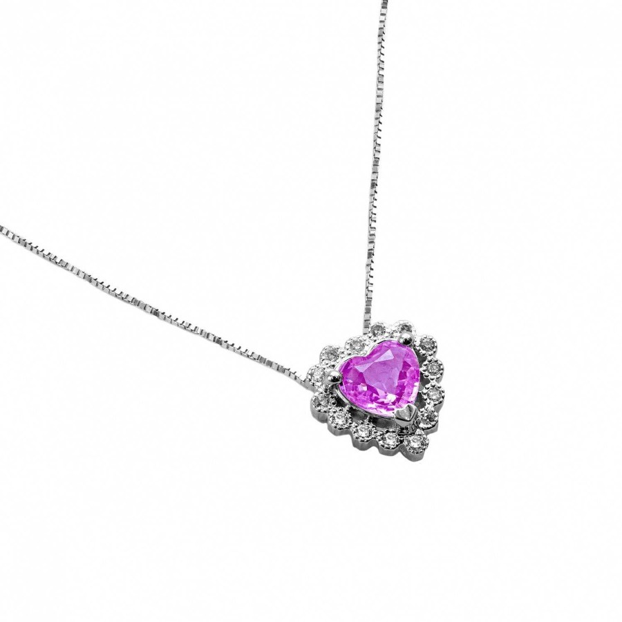 Collane La Gioielleria | Collier A Cuore Con Zaffiro Rosa E Diamanti